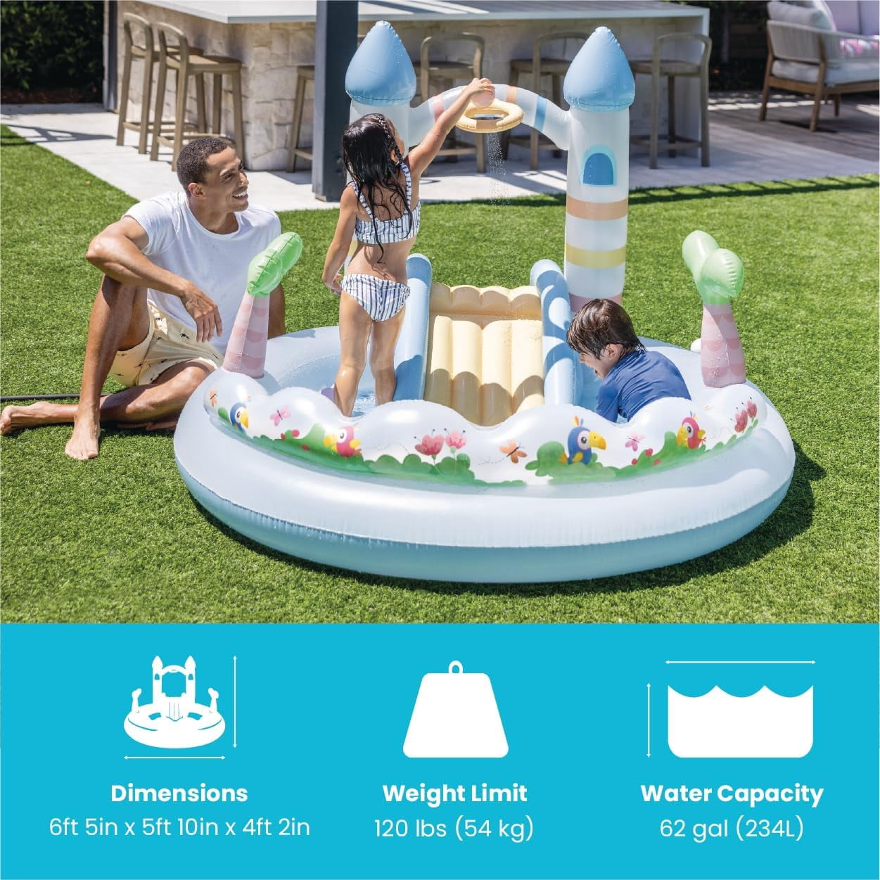56148EP Unicorn Castle Inflatable Kiddie Pool: Inflatable Kids Pool with Water Sprayer and Slide - Splash Pad - 77" x 70" x 50" - Ages 3+