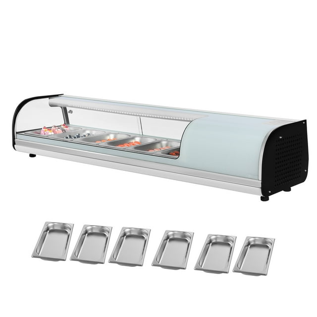 KFFKFF Sushi Display Case Refrigerator, 2.2 Cu.ft Commercial Sushi Case, 6-Pan Countertop Showcase with Curved Glass, LED Lighting, and Digital Temperature Control