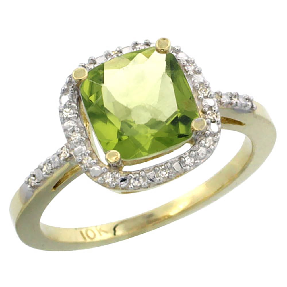 10K Yellow Gold Natural Peridot Ring Cushion-cut 8x8mm Diamond Accent, sizes 5-10 by WorldJewels