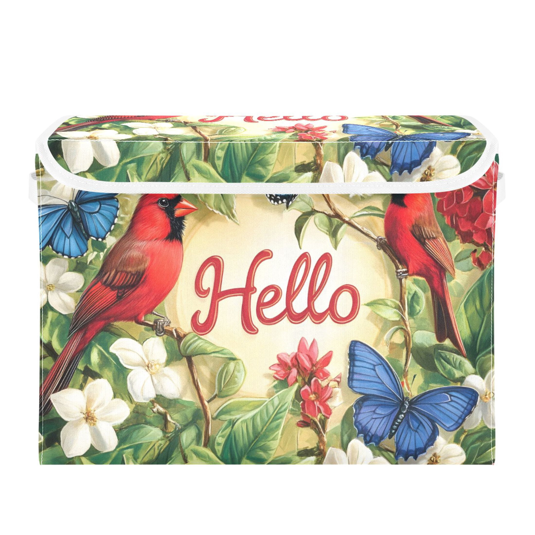 Ryvnso Cardinal Butterfly on Flower Large Lidded Foldable Storage Baskets Cubes Boxes Lids Bin for Home