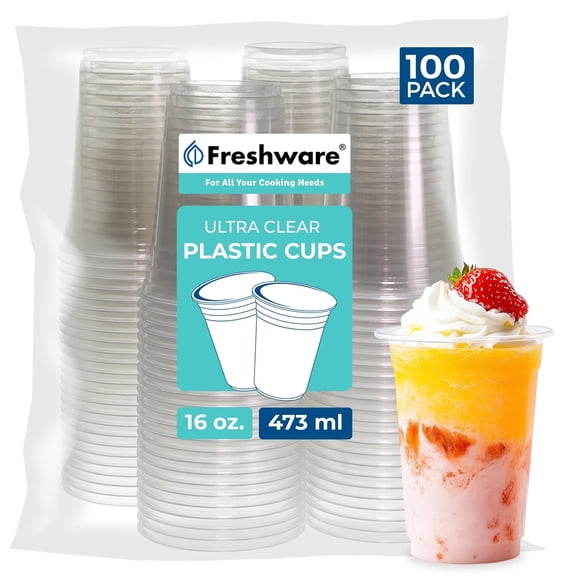 16 oz Clear Disposable Plastic Cups, Clear Plastic Cups Tumblers, Heavy-duty Party Glasses, Disposable Cups for Thanksgiving, Halloween, Christmas Party, 16 Oz Cups, 100 Count (Pack of 1)