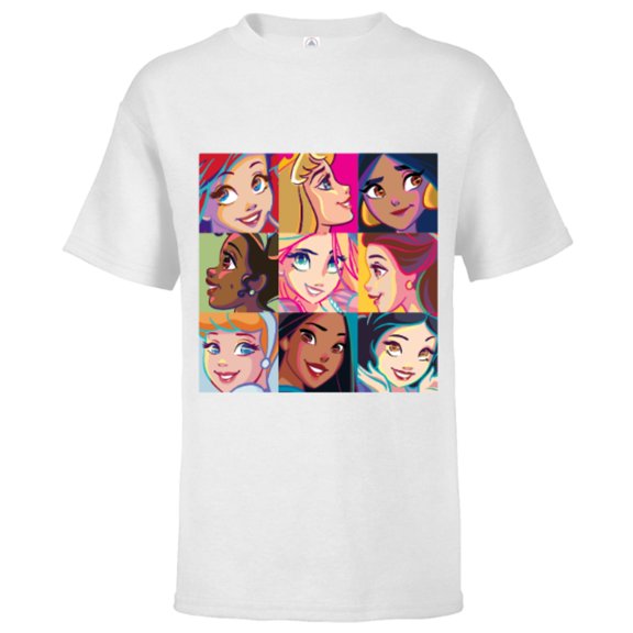 Disney Princess Characters Pop Art Grid - Short Sleeve T-Shirt for Kids - Customized-White