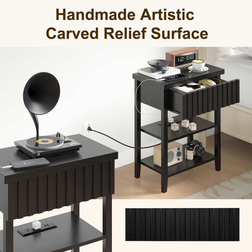 Nightstands Set of 2 with Charging Station, 2 USB Ports & 2 AC Outlets, Fluted Farmhouse Bedside Tables with Drawer & 2 Open Shelves, Black