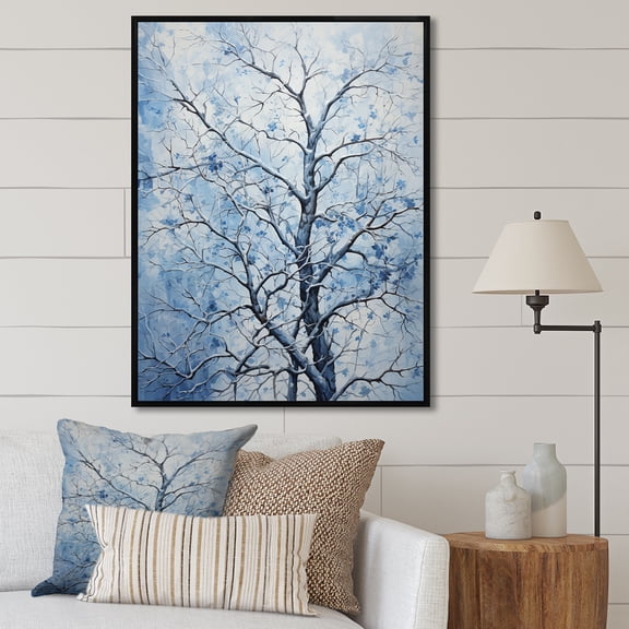 Designart "Winter Blooms of Tree in Blue and White III" Landscapes Framed Wall Art - Country White Tree Entryway Framed Wall Art