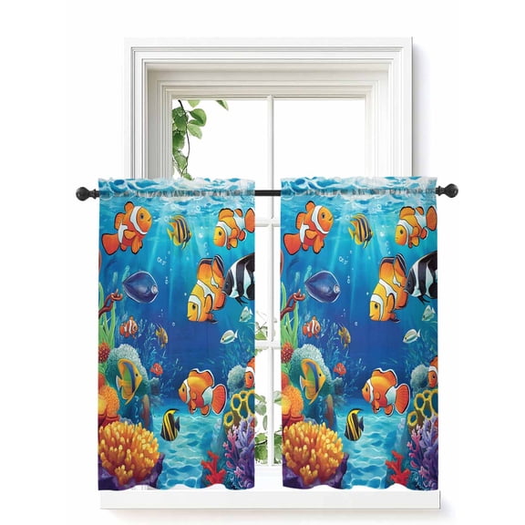 Ocean Coral Fish Curtains 45 Inch Length, Sheer Curtains for Bedroom Living Room Window Colorful Underwater World Seagrass Rod Pocket Voile Drapes Kitchen Curtains Small Half Window 52"x45" 2 Panels