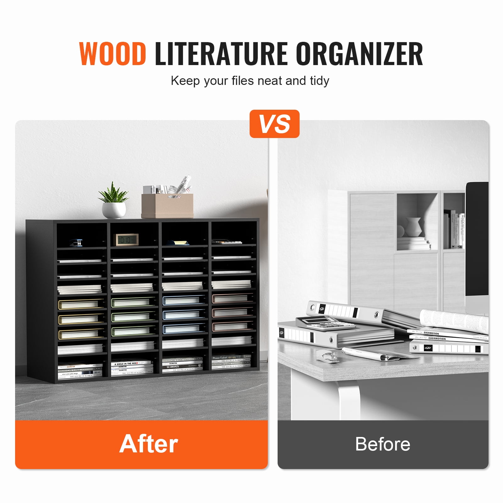 VEVOR Wood Literature Organizer Adjustable File Sorter 36 Compartments Countertop Literature Organizer Paper Storage Holder Black