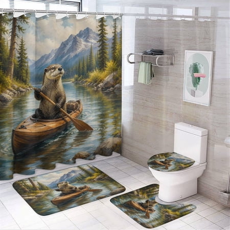 RKSupls 4PCS Otter Canoe Paddle Lake Waterproof Shower Curtain Sets with Hooks Bathroom Sets with Non-Slip Rugs Toilet Lid Cover and Bath Mat