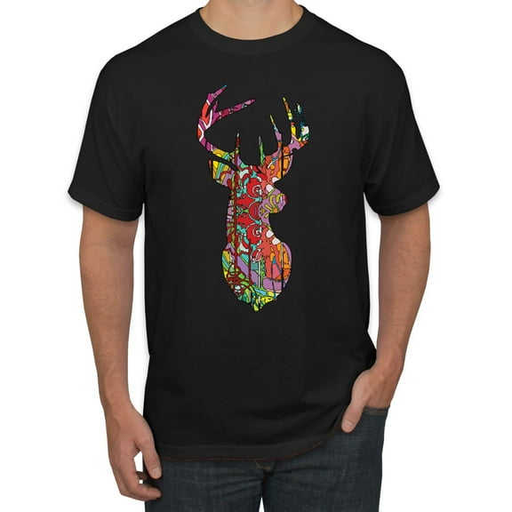 Trippy Colorful Buck Head Rainbow Hunting Deer Mosaic Animal Lover Men's Graphic T-Shirt, Black, Small