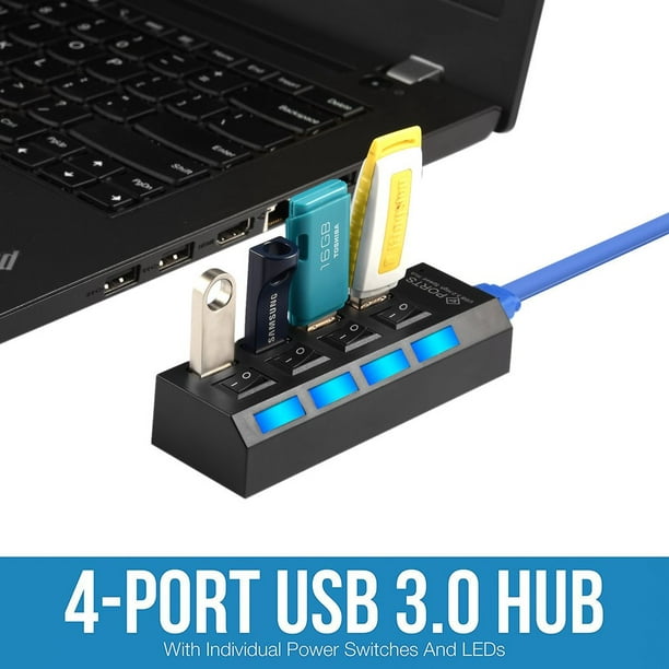 CNMODLE KDQ1 Haut Débit USB 3.0 Hub 4 Ports Vitesse 5Gbps avec Interrupteur Marche / Arrêt et Câble Universel pour PC Ordinateur Portable Bureau Noir