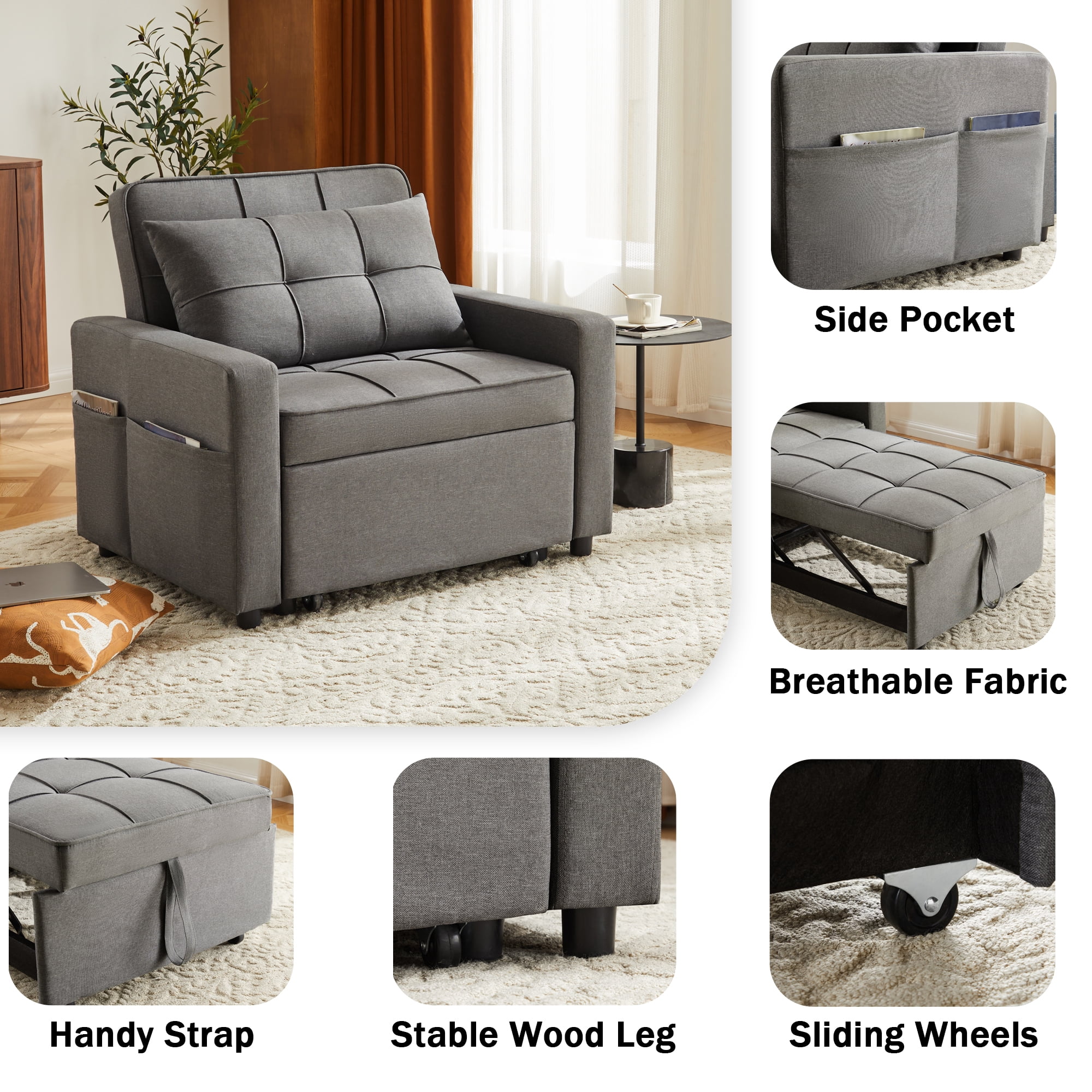 Gewnee 3‑In‑1 Folding Sofa Bed Chair, Convertible Sofa Bed and Office Chair, Adjustable Backrest Leisure Chair With Wheels & Handles & Side Pockets, Fit For Small Spaces, Dark Grey