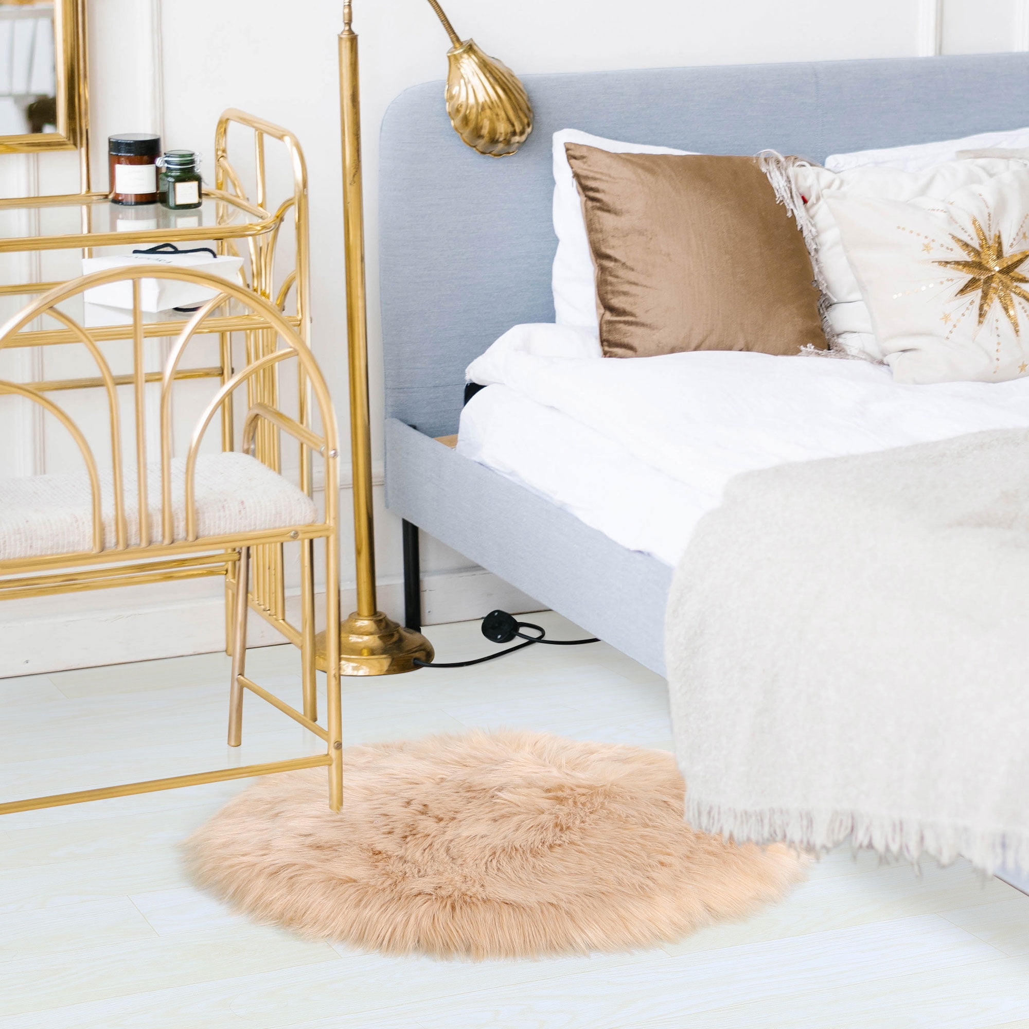 Unique Bargains Artificial Animal Wool Soft Faux Fur Sheepskin Plush Area Rug Khaki 2x2 Feet Round