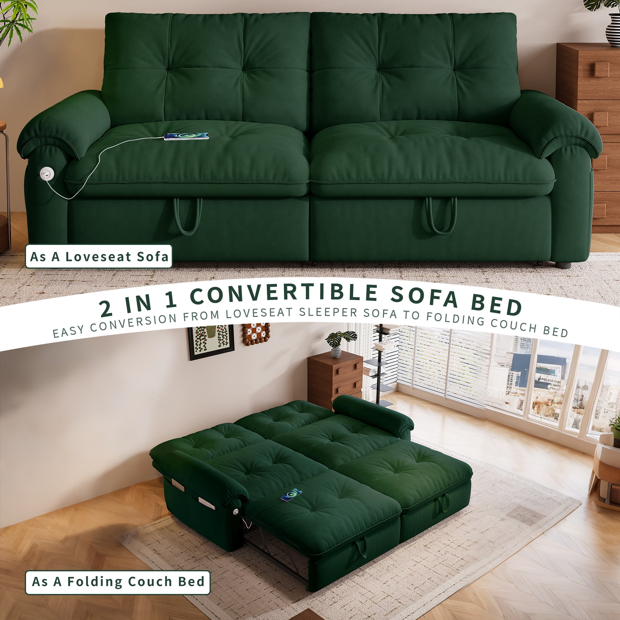 Leumius 77" Convertible Sofa Bed,2-in-1 Cloud Loveseat Sleeper Sofa with Steel Frame & USB, Chenille Pull Out Bed for Living Room/Bedroom/Apartment,Green