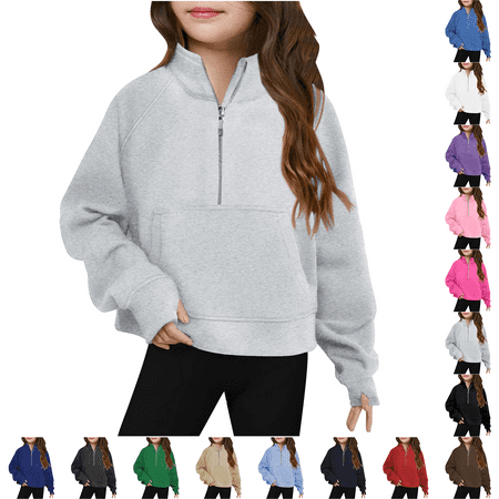Jinhomg Girls Half Zip Sweatshirt Long Sleeve Pullover Crop Tops Kids Lightweight Hoodies with Thumb Hole Fall Winter Clothes Khaki 120