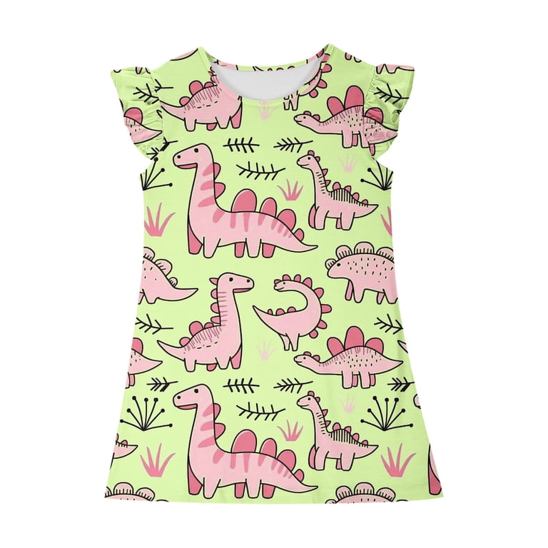 green dinosaur dress gienakse Girls A-Line Cute Printed Ruffle Sundress Toddler Girl Casual Dresses for Party Cotton Sundress Dress for Kids Kids Dress with Minimal satin dress