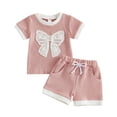 thumbnail image 2 of Conjuntos de blusas y camisas de cuello redondo y manga corta a la moda para niñas de verano, conjuntos casuales de blusa de poliéster con cuello redondo y pantalones cortos abotonados para niños., 2 of 6