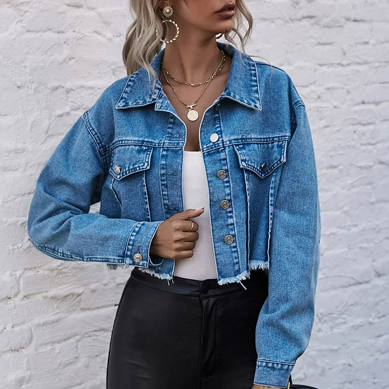 Mnjin Single Cropped Denim Jacket For Women Frayed Hem Long Sleeve Button Down Short Jean Jacket Blue Size M Walmart