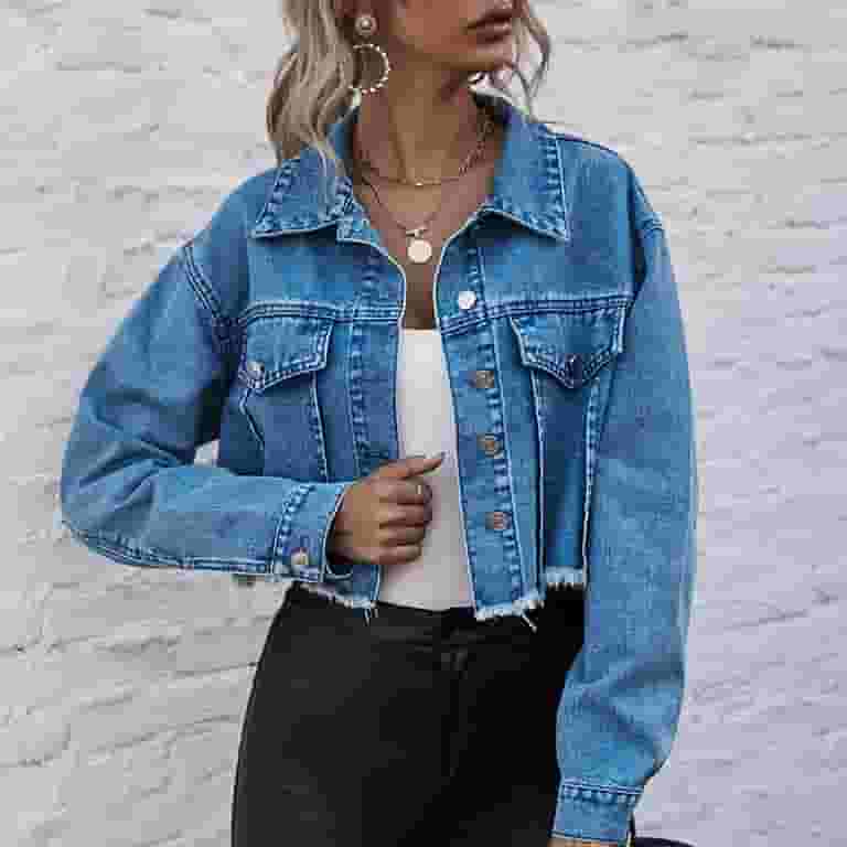 日本全国送料無料商品 特集 Jacket Denim Cropped Single Mnjin For Long Hem Frayed Women Clothing