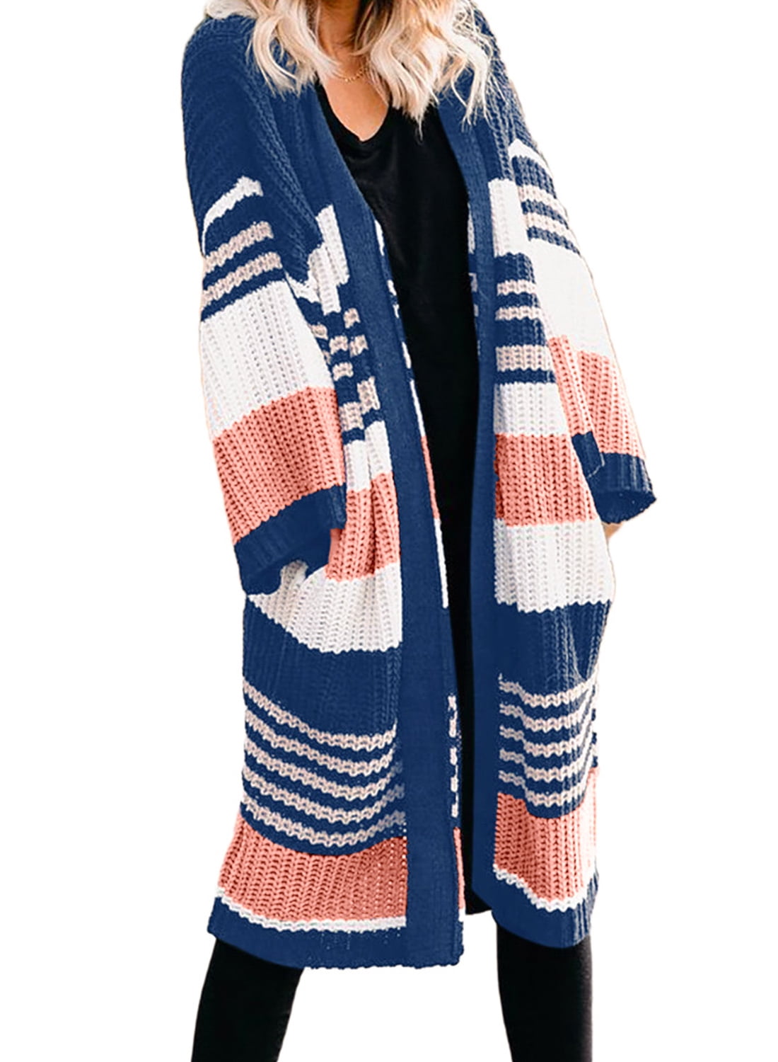 Asvivid Womens Striped Colorblock Cardigan Bell Sleeve Open Front Long