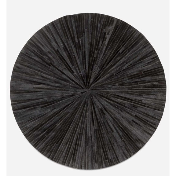 Alef Home Round Leather Rug Striped Black Hair-On Cowhide Leather Hide Rugs, 3x3 ft, Non-Slip Backing