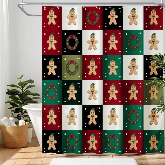 Amarainy Christmas Shower Curtain 72x72 Inch, Holiday Bathroom Decor, Gingerbread Pattern Polyester Fabric Shower Curtain, Waterproof Bath Curtain