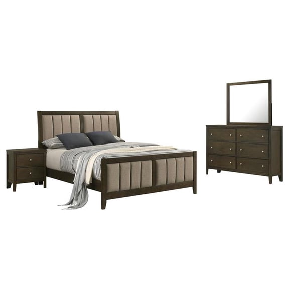 Benjara  Wily Bedroom Set - Dresser Mirror - Upholstery, Dark Cocoa Brown & Nickel - Full Size - 4 Piece