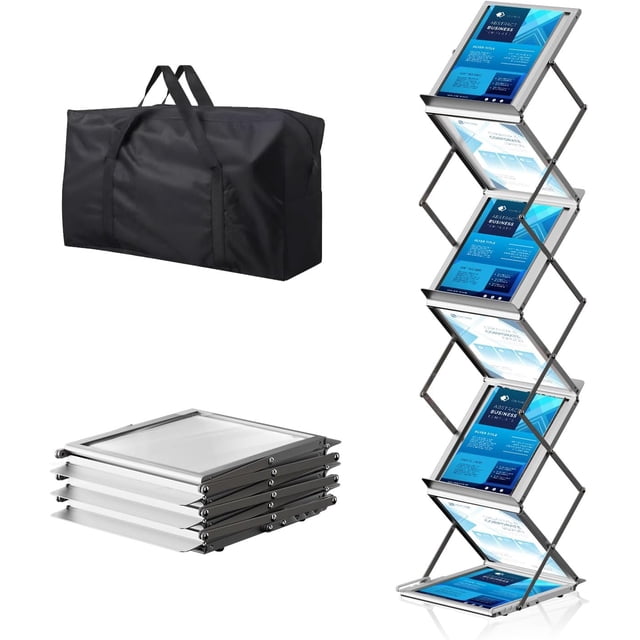 AceShow Brochure Display Stand - 6 Pockets Magazine Rack, Foldable Aluminum Brochure Magazine Catalog Literature Display Stand with Carrying Bag for Exhibition,Trade Show,Office,Retail Store,Home