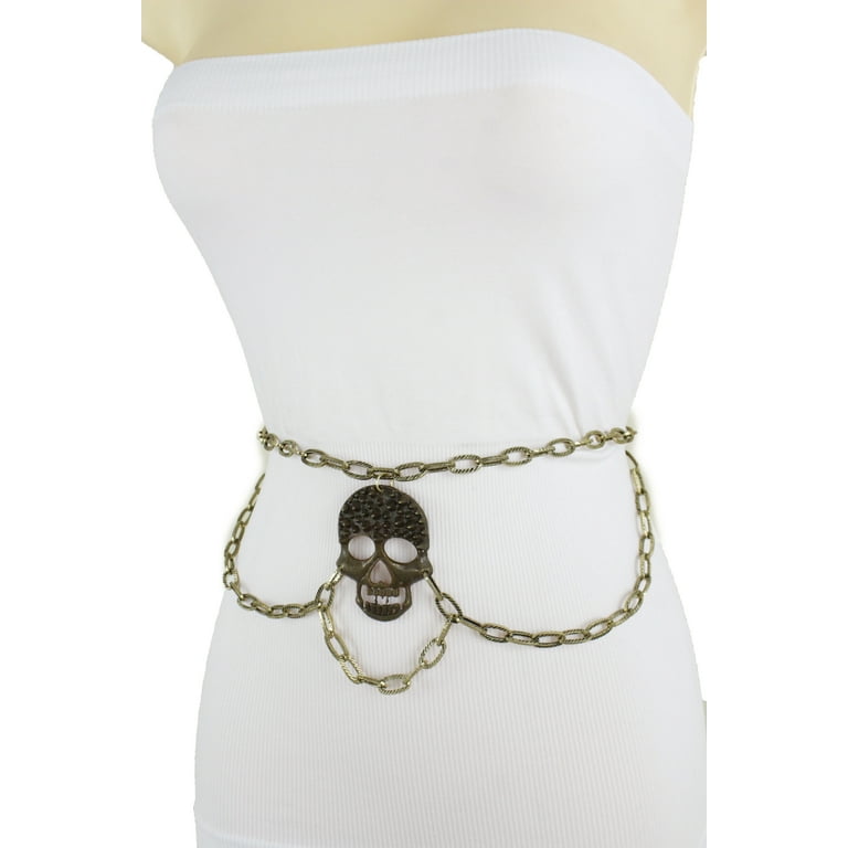 Women Gold Metal Chain Gothic Belt Skull Skeleton Charm M L XL 