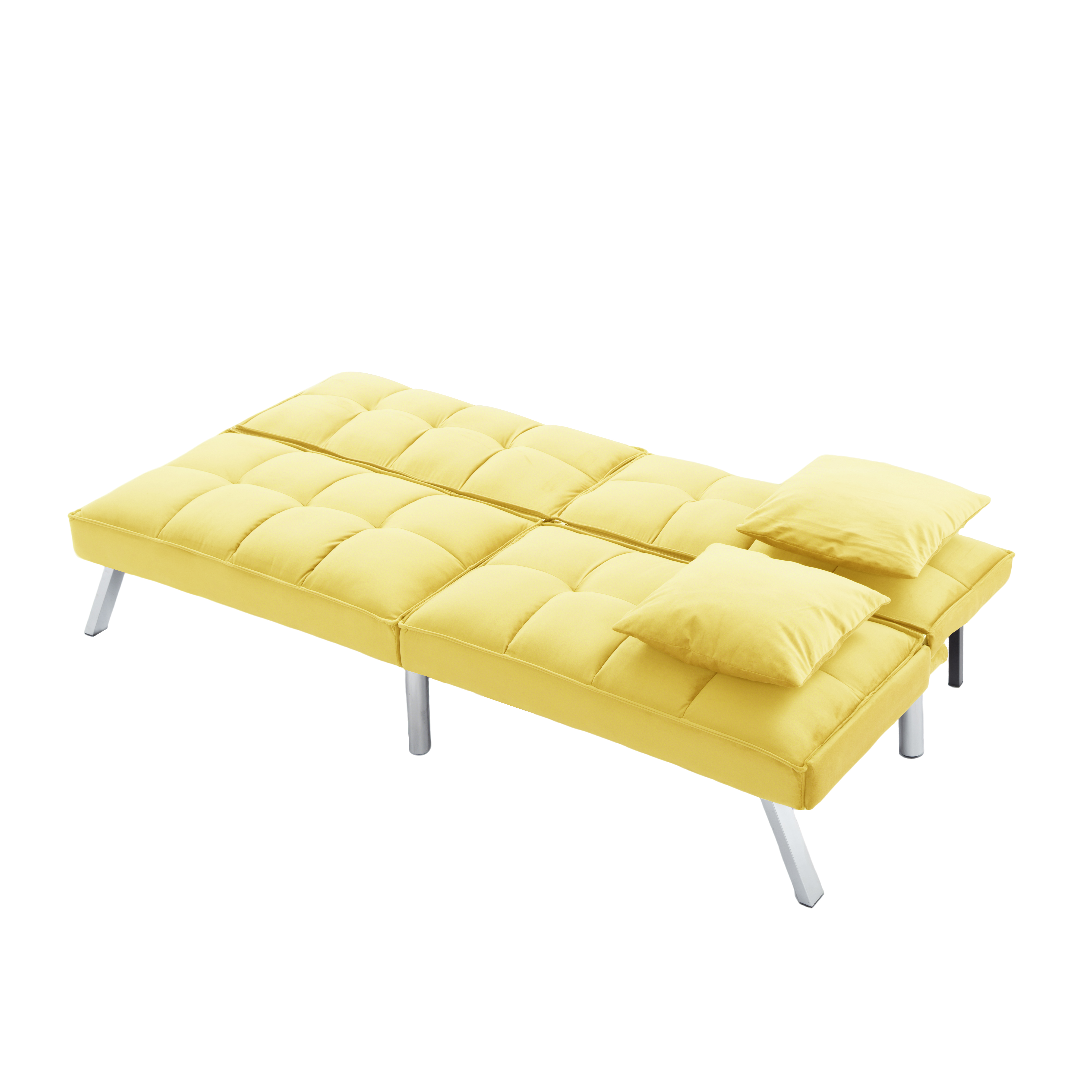 Gewnee 73”Velvet Futon Sofa Bed Convertible Sleeper Sofa with Split-Back 5 Adjustable Angles,Metal Legs & 2 Toss Pillows for Living Room,Office,Guest Room.Yellow
