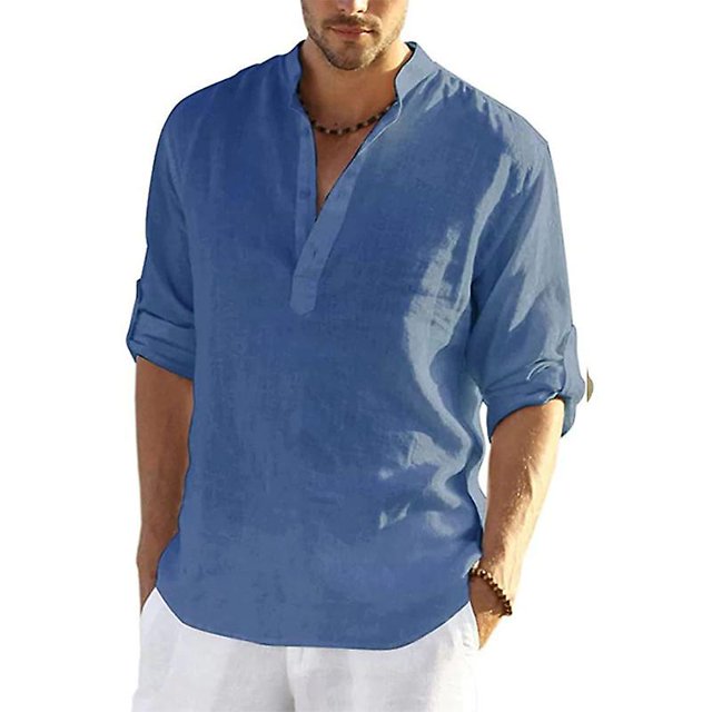 Men's Linen Long Sleeve Shirt Solid Color Loose Casual Shirt Top Cotton