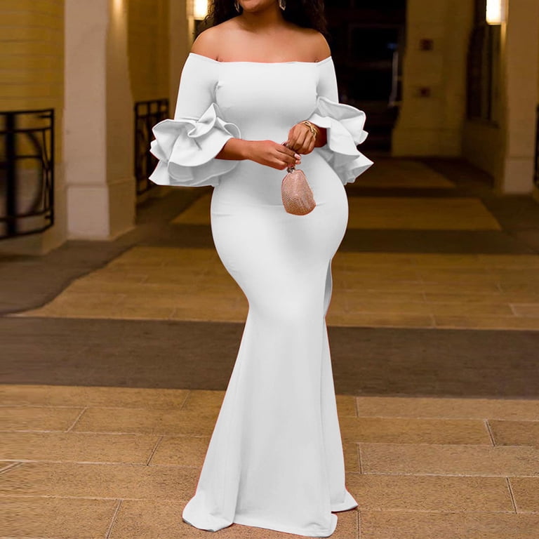 Llywey s Maxi Wedding Guest Dresses for Women Fashion Elegant Casual Shoulder Slim Solid Color Long Dress Wedding Dress New Flowy Dresses White M,