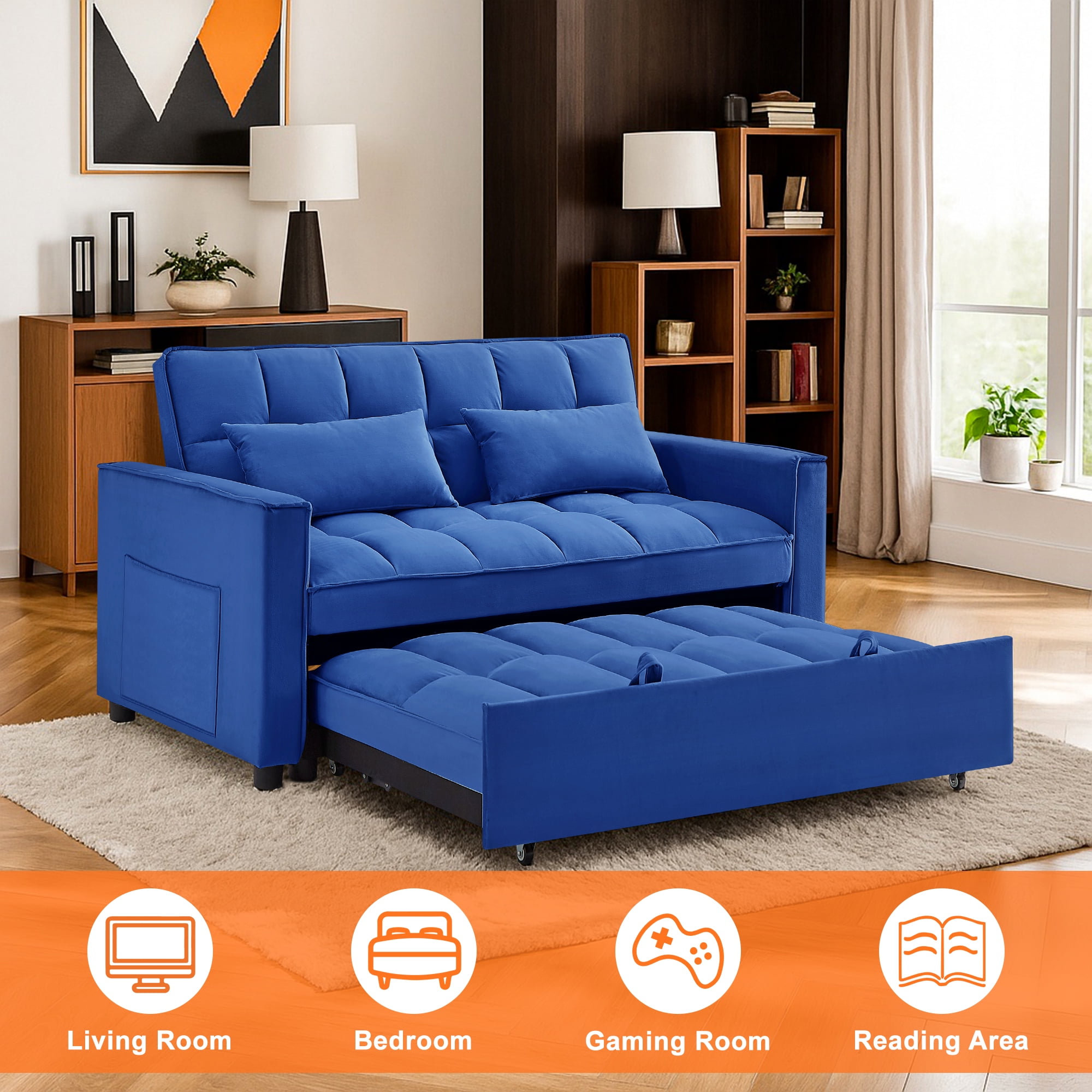 Demi Bonn 3 in 1 Convertible Sleeper Sofa Bed with Side Pocket, Adjustable Backrest Velvet Futon Couches for Living Room, Pull Out Couch, Loveseat, Blue