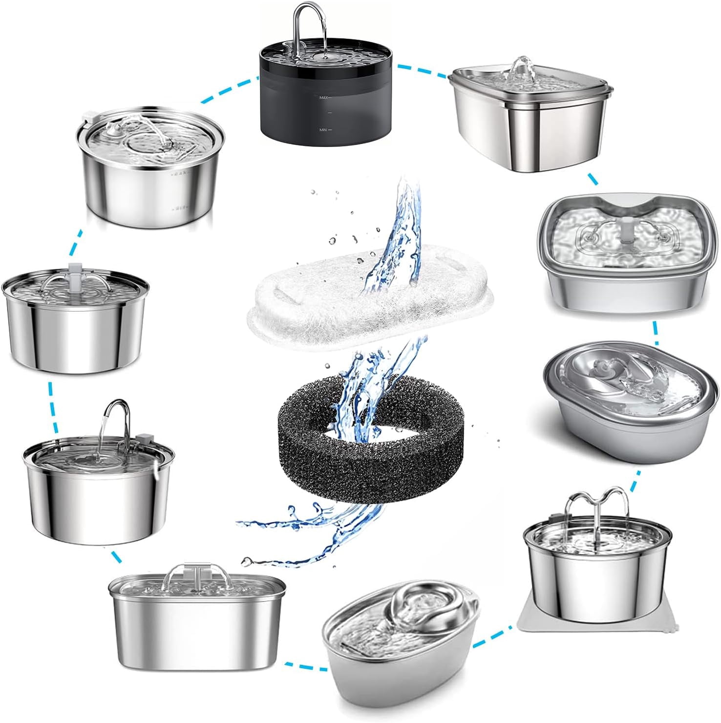 JJEAN-16 Pack Filters+16 Sponges for Dog Fountains Compatible with GIOTOHU 67oz/2L Cat Water Fountain Filter Stainless Steel Compatible with Tomxcute 3.2L/108oz