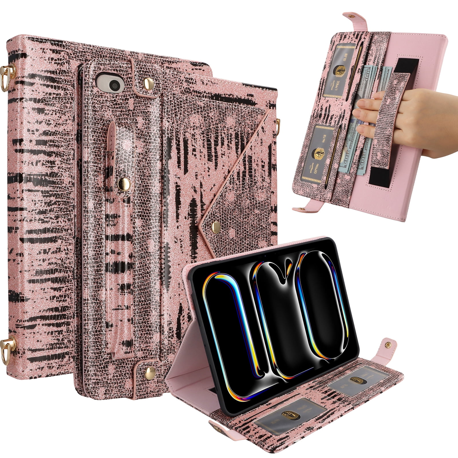 Decase Luxury PU Leather Case for iPad Mini 5/4/3/2/1 (7.9"),Fashion Flip Wallet Stand Cover with Shoulder Strap+Pen Slot,Pink