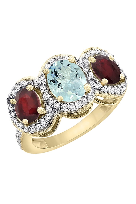 14K Yellow Gold Natural Aquamarine & Enhanced Ruby 3-Stone Ring Oval Diamond Accent, size 7