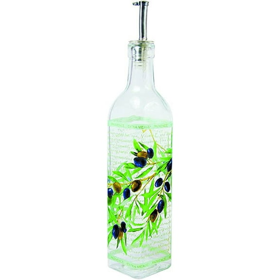 Grant Howard Hand Painted Olive Branch 16 oz Glass Oil & Vinegar Cruet – Multicolor Pour Spout Bottle