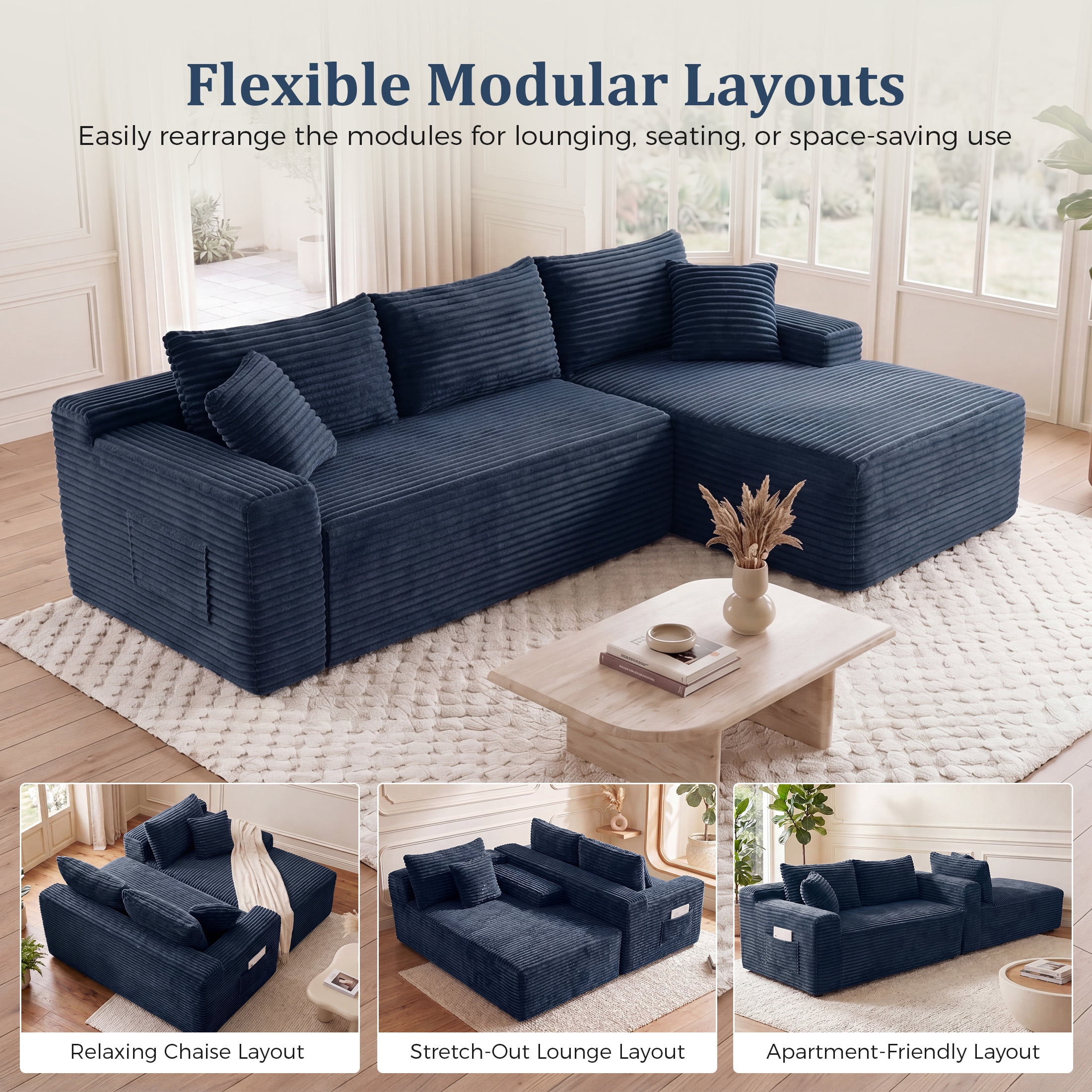 Aenkyo 95 Inch Corduroy L-Shaped Modular Sectional Sofa, Right Chaise, Blue