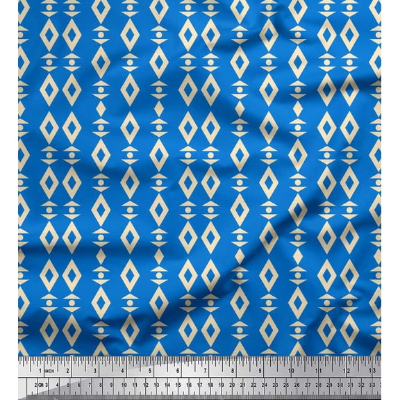 Soimoi Blue Heavy Satin Fabric Artistic Geometric Print Sewing Fabric Yard 54 Inch Wide