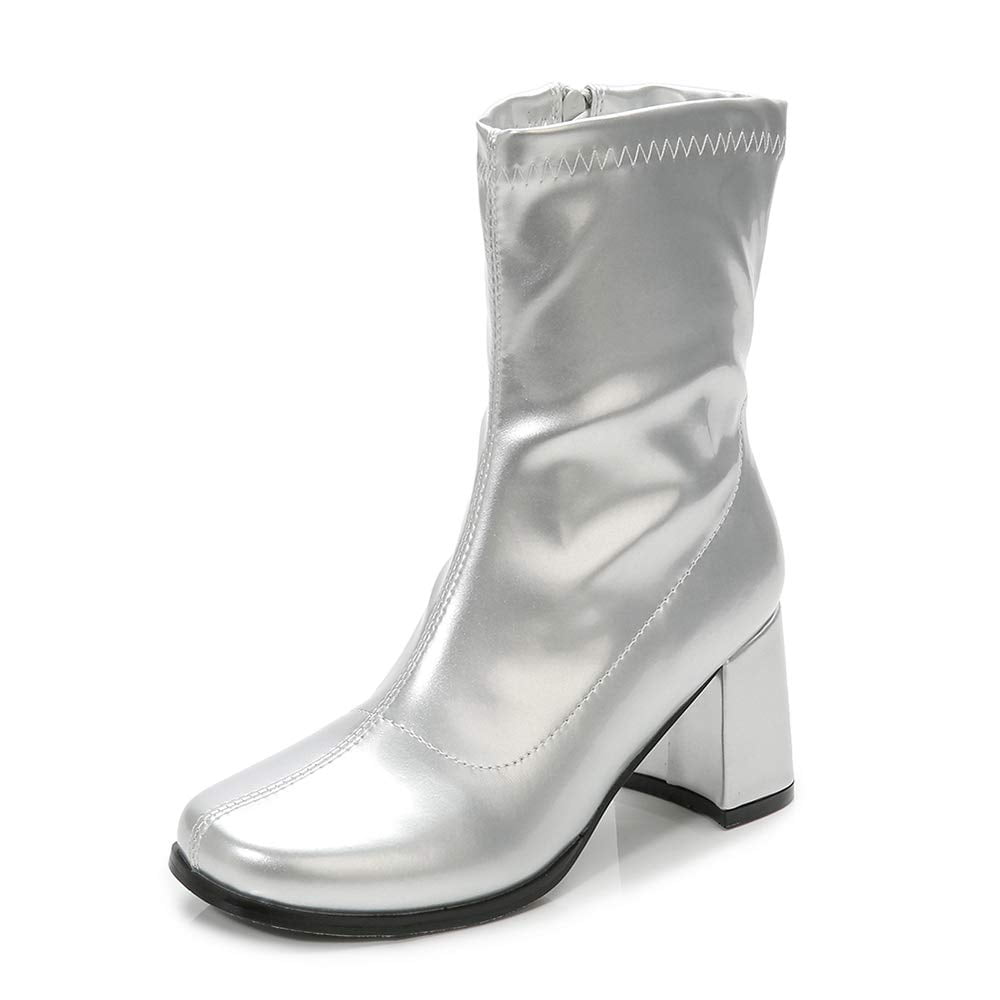 LIURUIJIA Women's Go Go Boots Mid Calf Block Heel Zipper Boot Ankle Boots Low Block Heel Short Booties Shoes, Size: 12, Silver