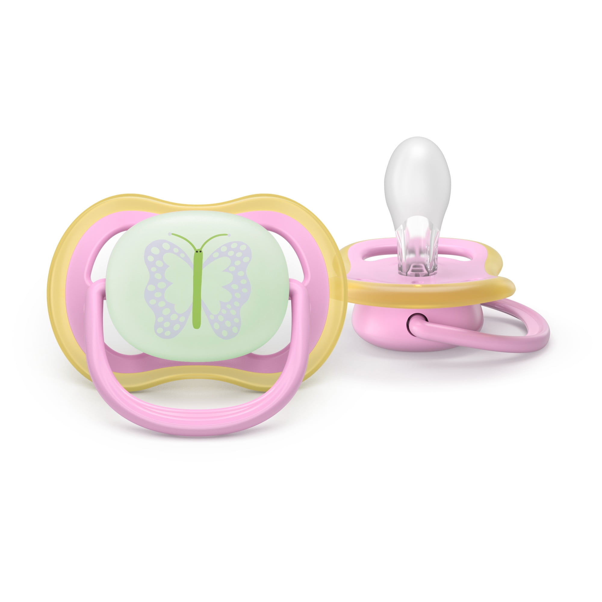Philips Avent Ultra Air Pacifier 6-18M, Quiet Pink / Butterfly, Day+Night 3 Pack, SCF087/30