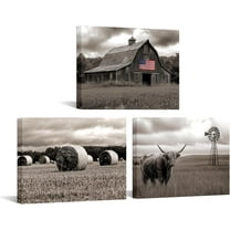Hieng Farmhouse Wall Art Rustic Kitchen Decor, Sepia Highland Cow Barn Windmill Scenic Canvas Prints, Vintage Poster Pastoral Artwork Giclee Prints (only canvas)