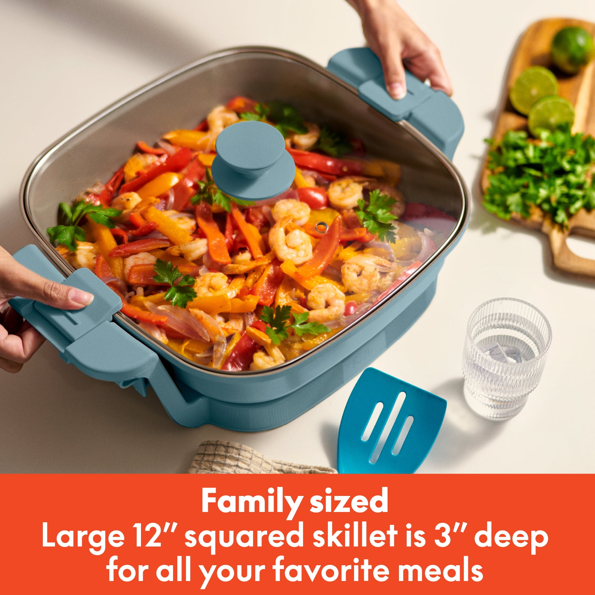 bella 12" Make & Take Electric Skillet with EverGood™ Ceramic Nonstick Coating, Adjustable Temperature, Dishwasher-Safe Glass Lid, Surf
