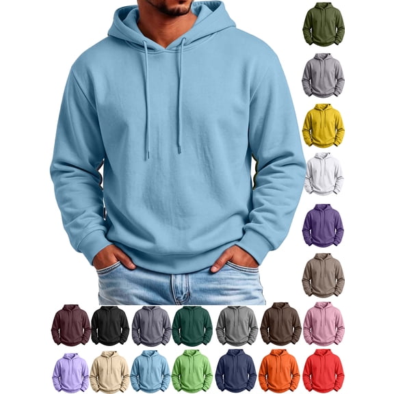 Yyuenw Hoodies for Men Fleece Lined Warm Pullover Long Sleeve Sweatshirts Casual Drawstring Hooded Solid Soft Comfy Fall Winter Sweatshirts Light Blue 2XL