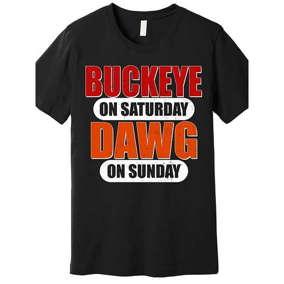 Buckeye On Saturday Dawg On Sunday Premium T-Shirt - Funny Men's Short Sleeve Graphic T-shirt Collection - Black - For Football Fans - Perfect Gift for Game Day