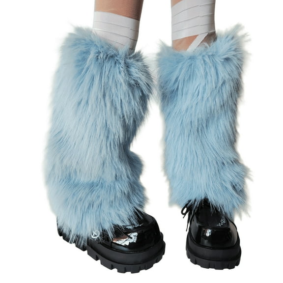 Blue Plush Leg Warmers for Costume and Everyday Use Women's Cold Weather Thermal Fuzzy Furry Boot Toppers Gaiters Socks