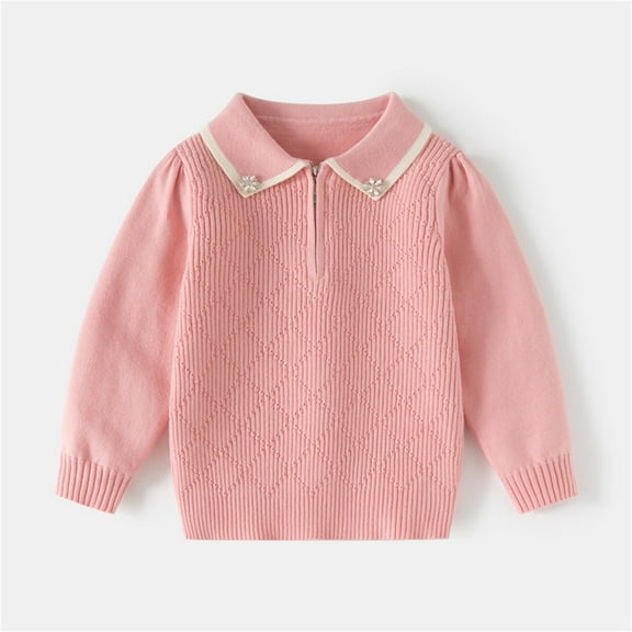 Lopecy-Sta Toddler Girls Polo Collar Sweater, 2-10Y Kids Long Sleeve Knit Pullover Top, Children’s Casual Comfortable Half-Zip Sweater for Daily/School Wear Pink