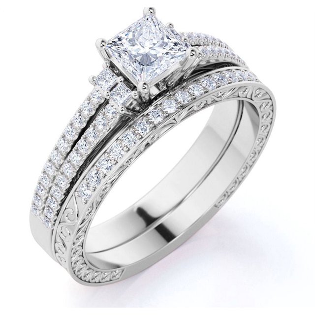 JeenMata Impresionante Anillo de Compromiso de Doble Banda Vintage con Diamantes de Talla Princesa de 0,75 Quilates, Pavé, en Oro Blanco de 10 K