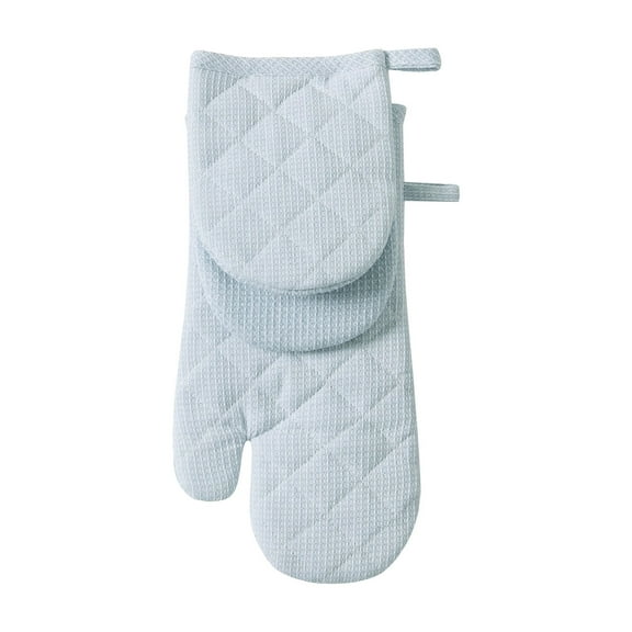 Beautiful Kitchen Waffle Oven Mitt & Mini Mitt Set, 100% Cotton, Heat Resistant, Cornflower Blue, 2 Pack