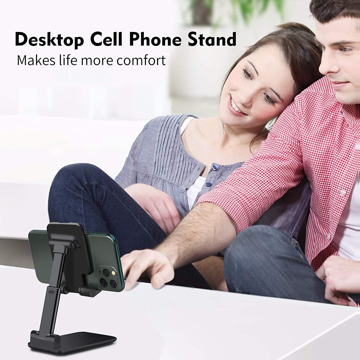Delaman Phone Stand, Adjustable Portable Cell Phone Holder for Desk Cradle Desktop Stand Compatible with All Mobile Phones,,Switch,,Tablet(Black)