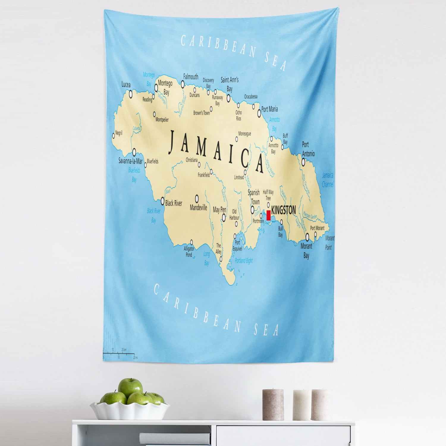 Jamaican Tapestry, Map of Jamaica Kingston Caribbean Sea Important Locations in Country, Fabric 