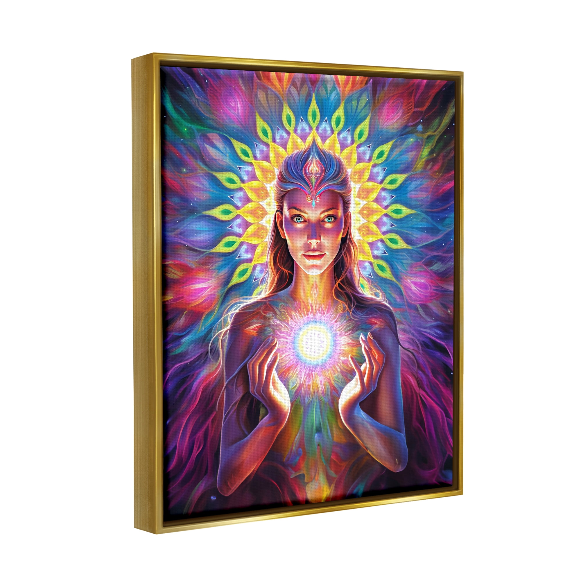 Stupell Industries Girl with Abstract Fractals Abstract Painting Gold Floater Framed Canvas Art Print Wall Art, 25 x 31